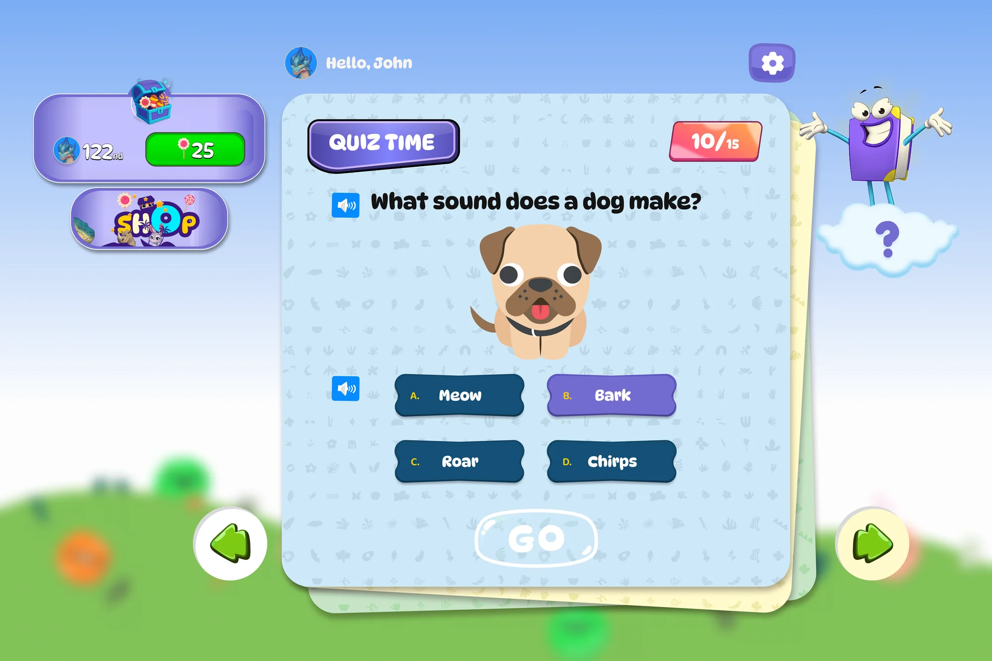 Educational quiz questions and completion rewards