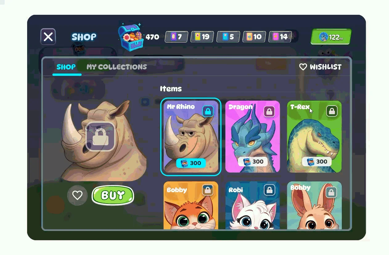 Rewards shop with collectible cards and leaderboard