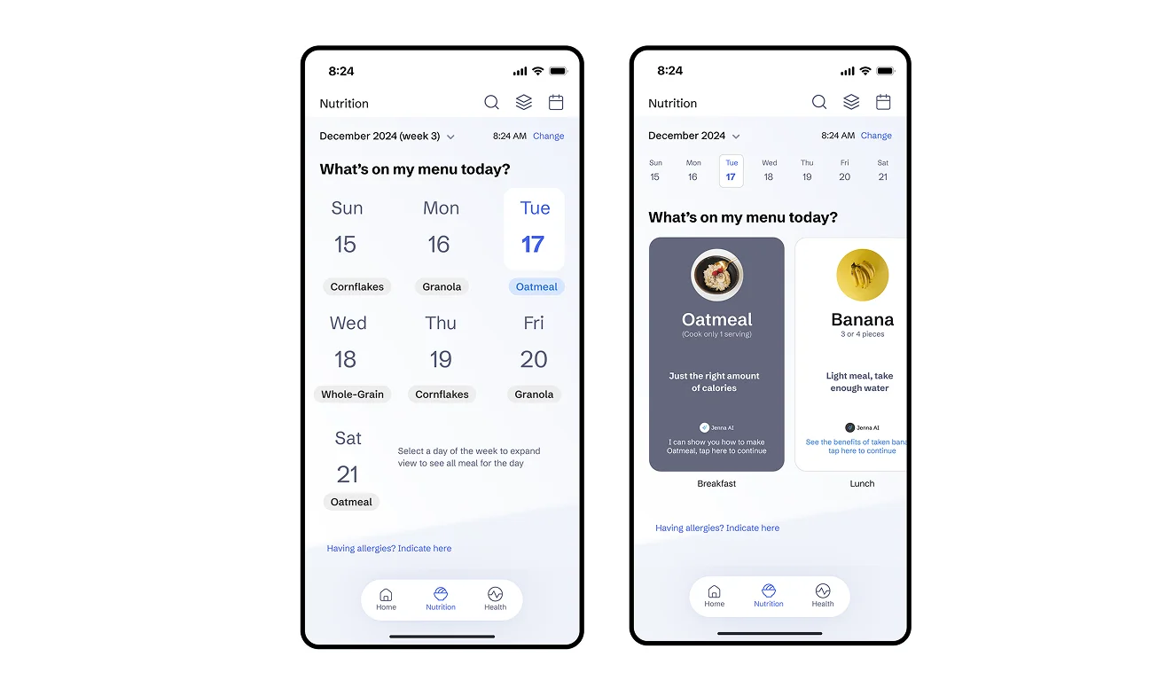 Calendar-based weekly meal planner and recipe cards
