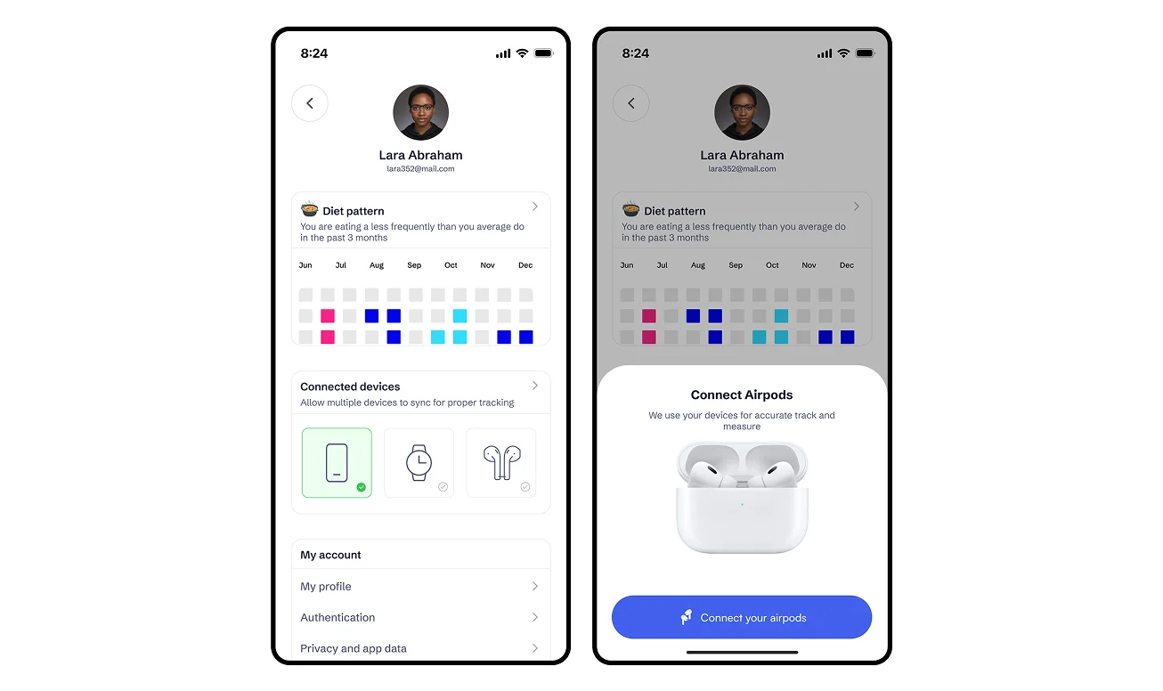 Dashboard health charts, habit heatmap, and connected devices