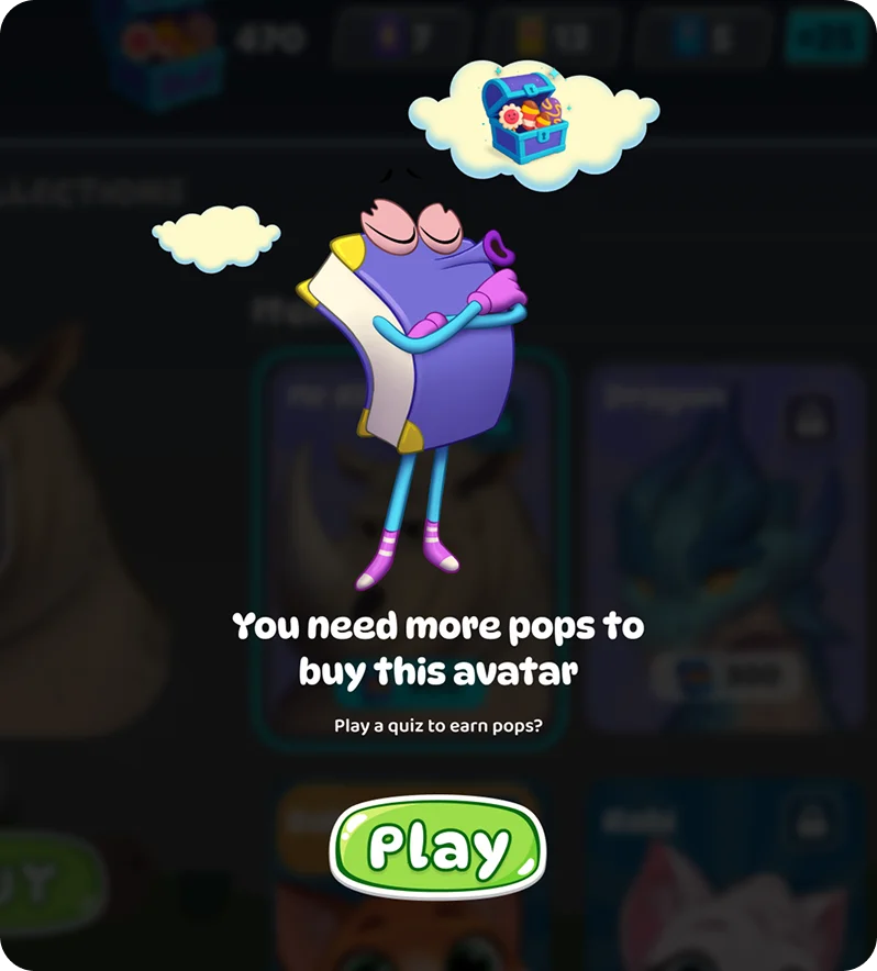 Avatar purchase prompt in a kids game